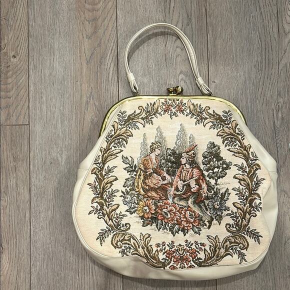 Large Vintage Cream Victorian-Inspired Shoulder Bag Floral Snap Clasp Tapestry - Picture 9 of 11